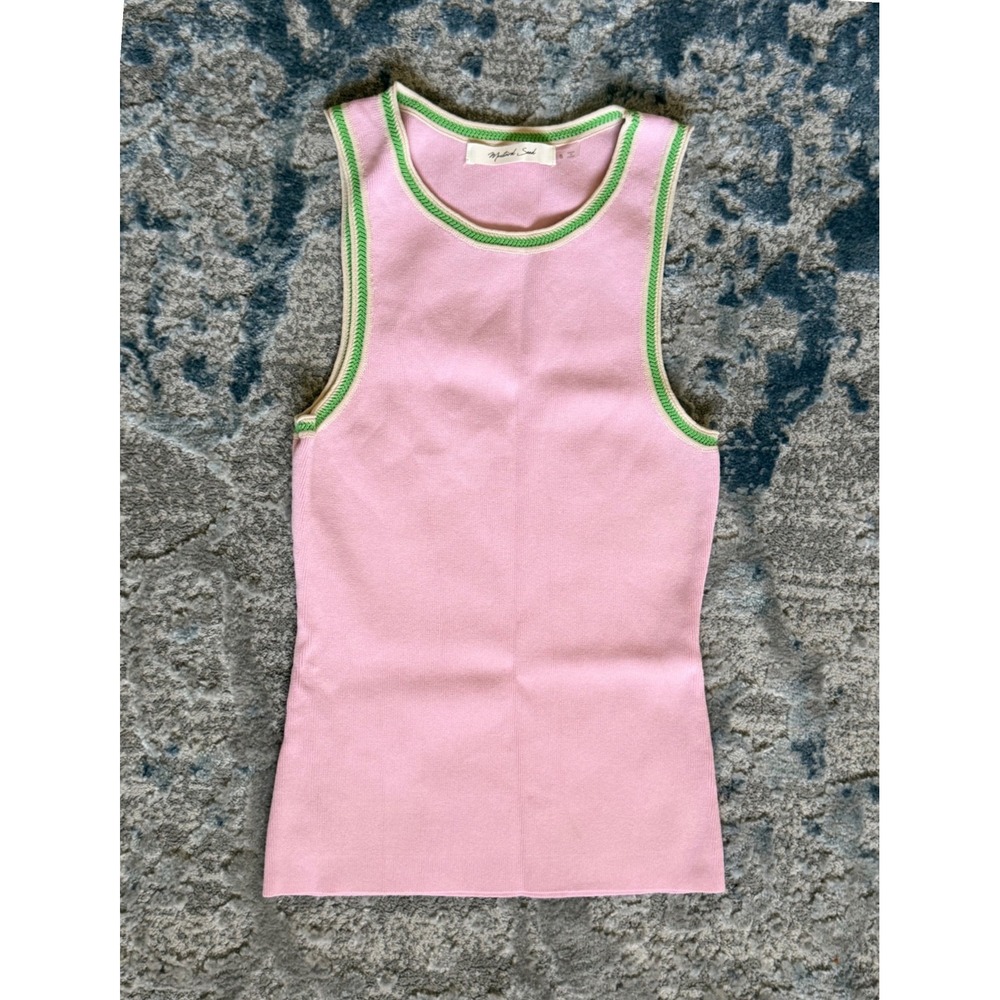 Mustard Seed Pink Knit‎ Tank Top Contrast Trim Preppy Coastal Sz Small Sleveless